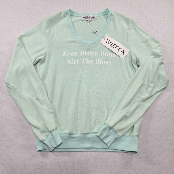 Wildfox Sweaters - NWT Wildfox Mint Green Beach Bums Graphic V-Neck Sweatshirt XS Y2K Retro Lounge